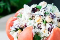 Greek Yogurt Chicken Salad Served in Tomato Wedges