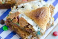 Gooey Roasted Marshmallow M&M Cookie Bars That Melt in Your Mouth