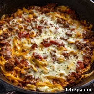 Creamy Sour Cream Noodle Casserole with Cheese and Herbs 7 Baked casserole in a cast iron skillet.