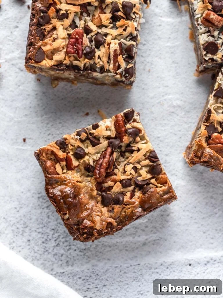 Coconut Magic Bars Recipe: Chewy Coconut Carmel Bars 2 top down close up view of the coconut magic bars