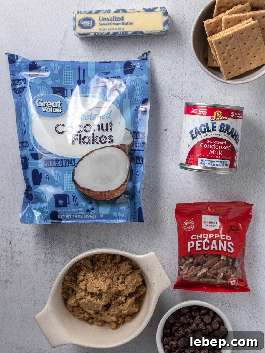 Coconut Magic Bars Recipe: Chewy Coconut Carmel Bars 4 top down view of the ingredient of the magic bars