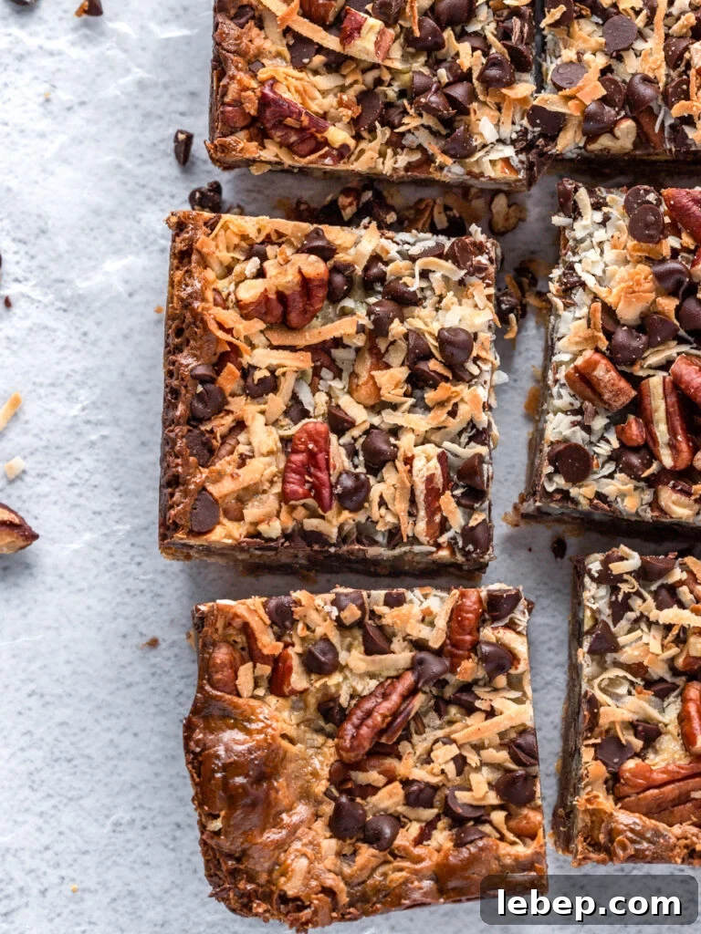 Coconut Magic Bars Recipe: Chewy Coconut Carmel Bars 6 top down photo showing the magic bars pieces