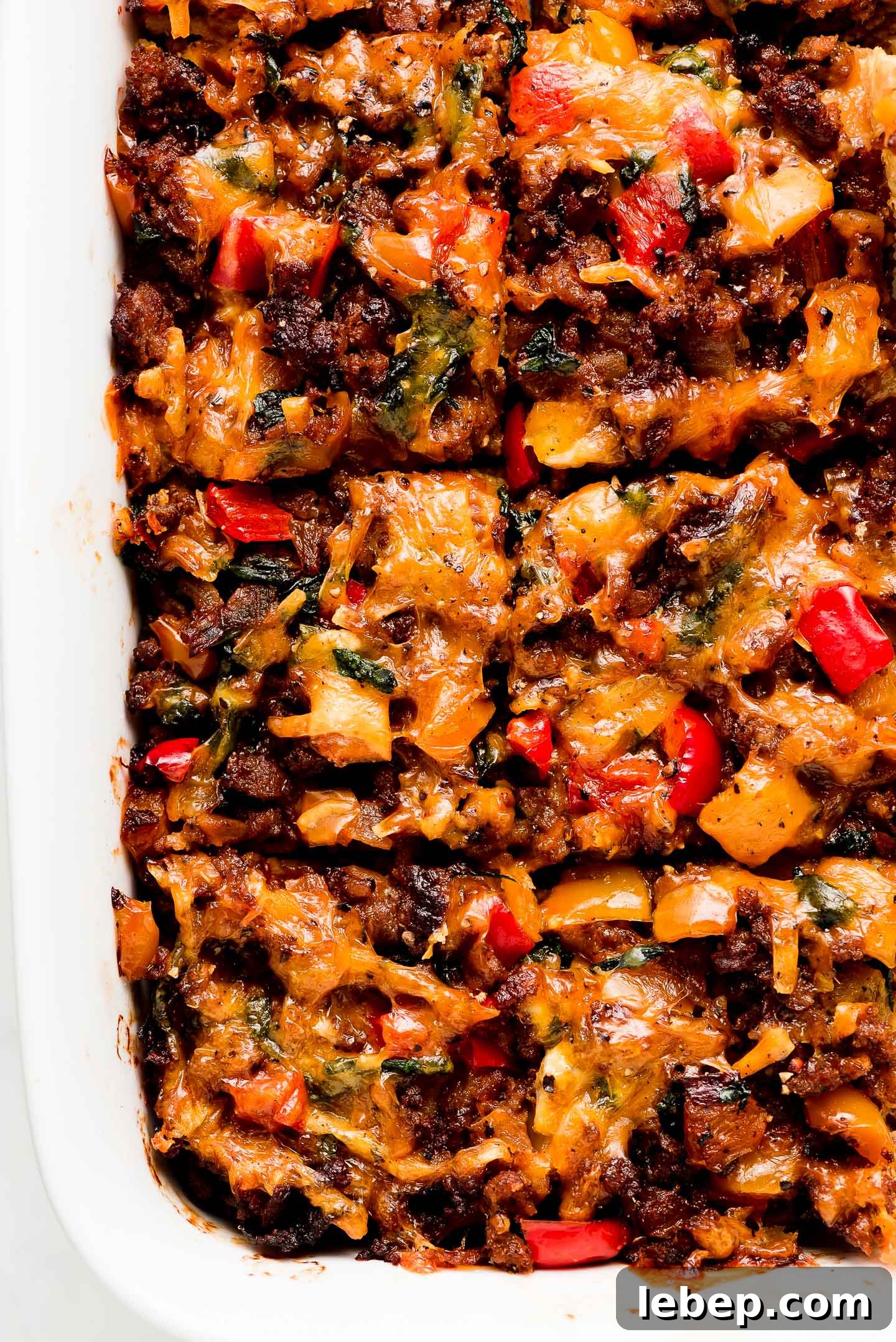 Egg & Sausage Breakfast Casserole in a white baking dish.