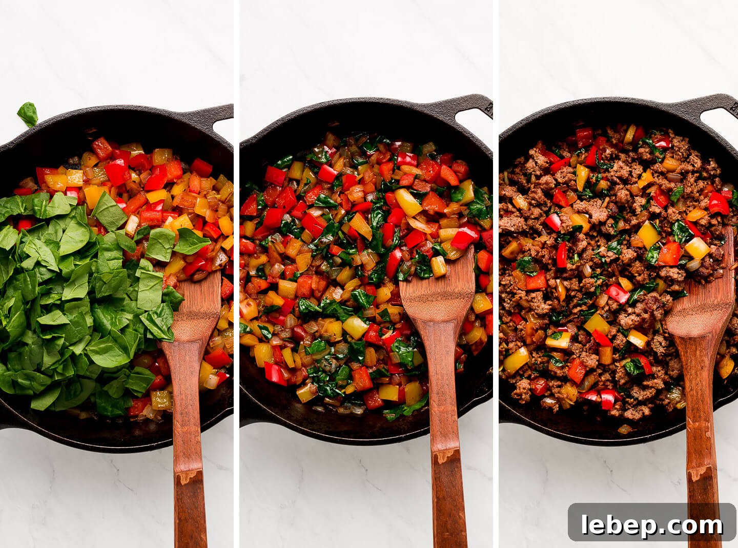 Diptych- Sautéed peppers; spinach add and cooked down; browned sausage mixed in.