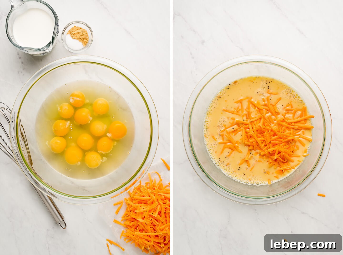 Diptych- Eggs in bowl with milk and cheese to side; all mixed together.