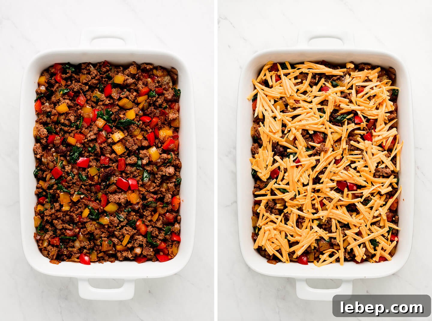 Diptych- A white baking dish of sausage pepper mix; topped with cheese mixture.