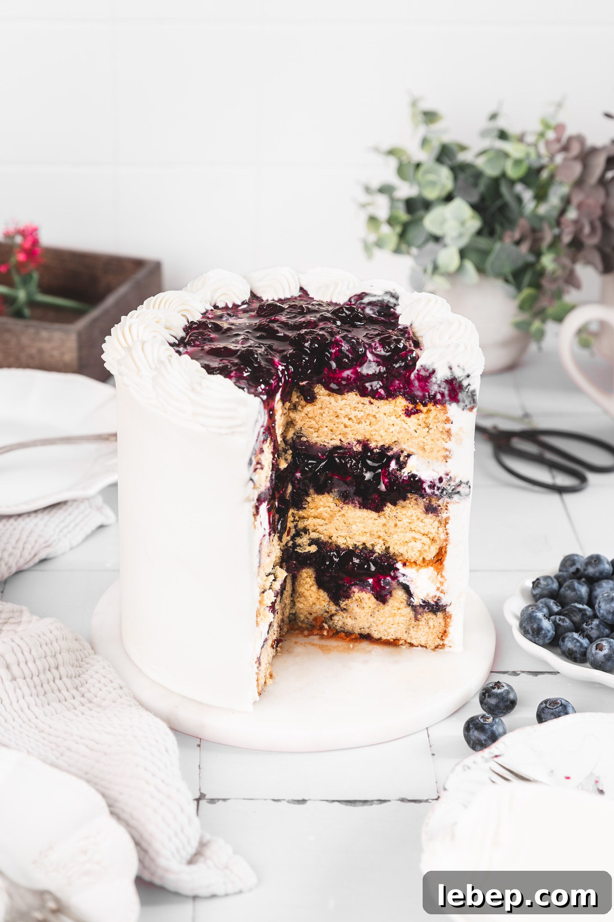 Blueberry Layer Cake Recipe for Moist, Fluffy Slices 2 layer cake aux myrtilles sur une table