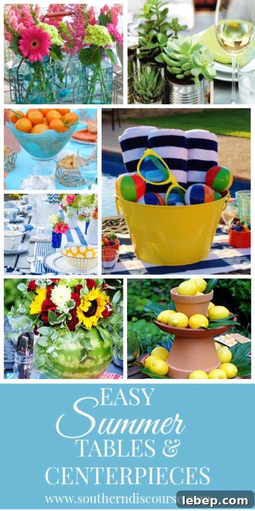 Saturday Seven: Summer Table & Centerpiece Ideas 3 7 Easy Summer tables and centerpieces to celebrate the season! With and without flowers, beach inspired, outdoors, elegant and simple. #southerndiscourse #party #masonjars #beach #lemons #shells #centerpieces #poolparty
