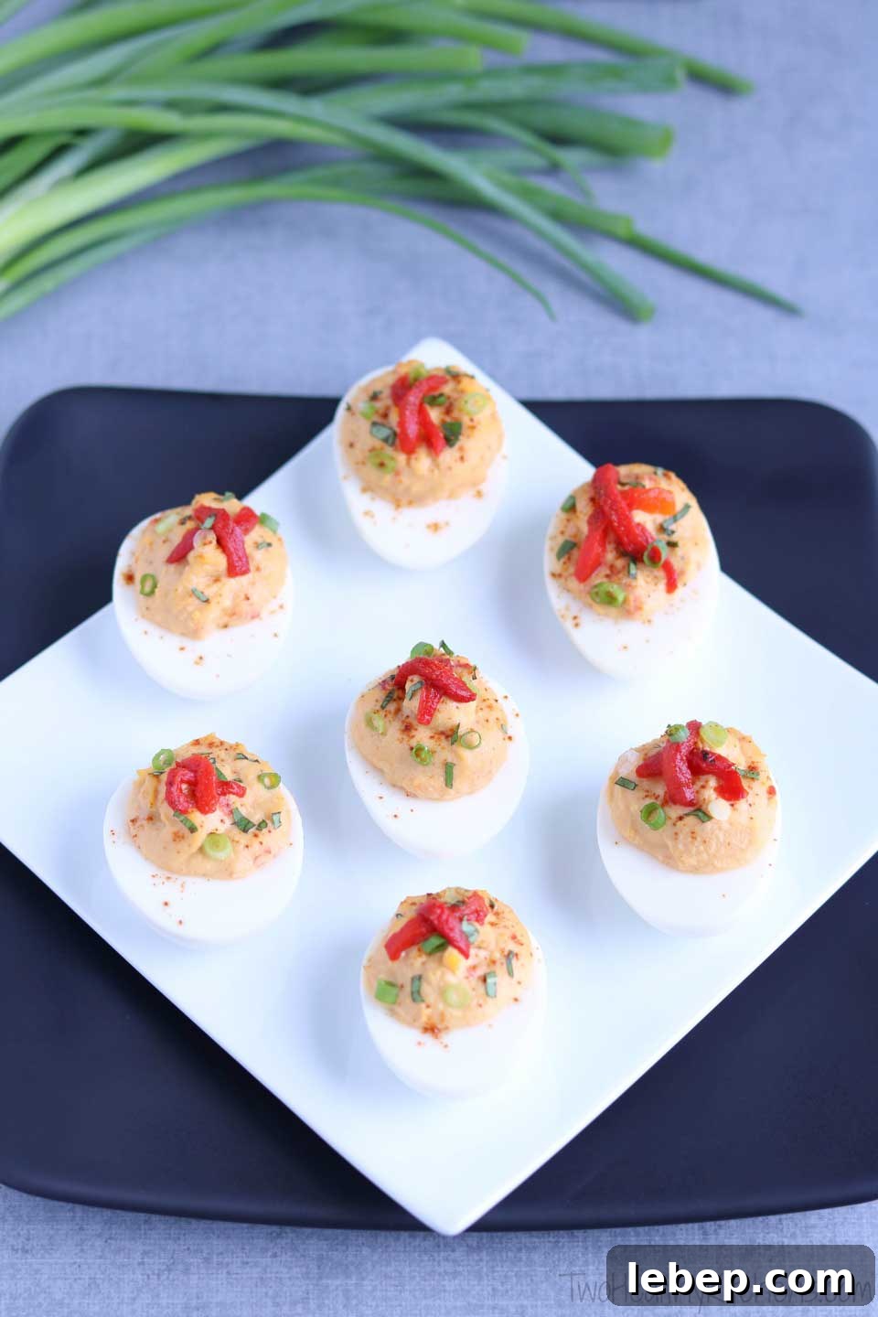 Vertical deviled eggs on white plate