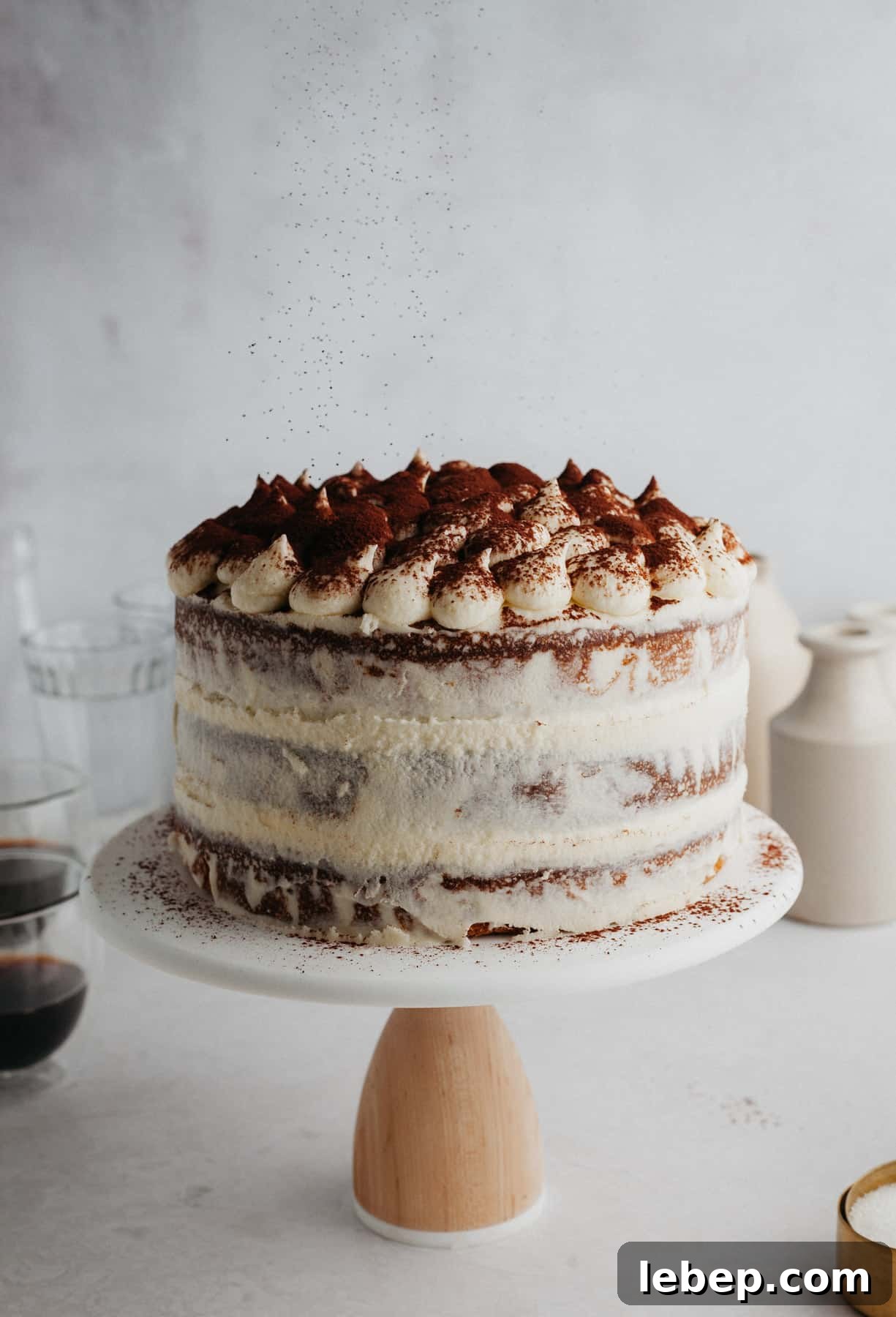 Decadent Tiramisu Layer Cake Recipe for Coffee Lovers 2 A tiramisu layer cake on a white cake stand