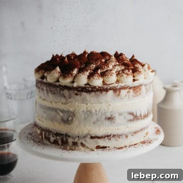 A tiramisu layer cake on a white cake stand