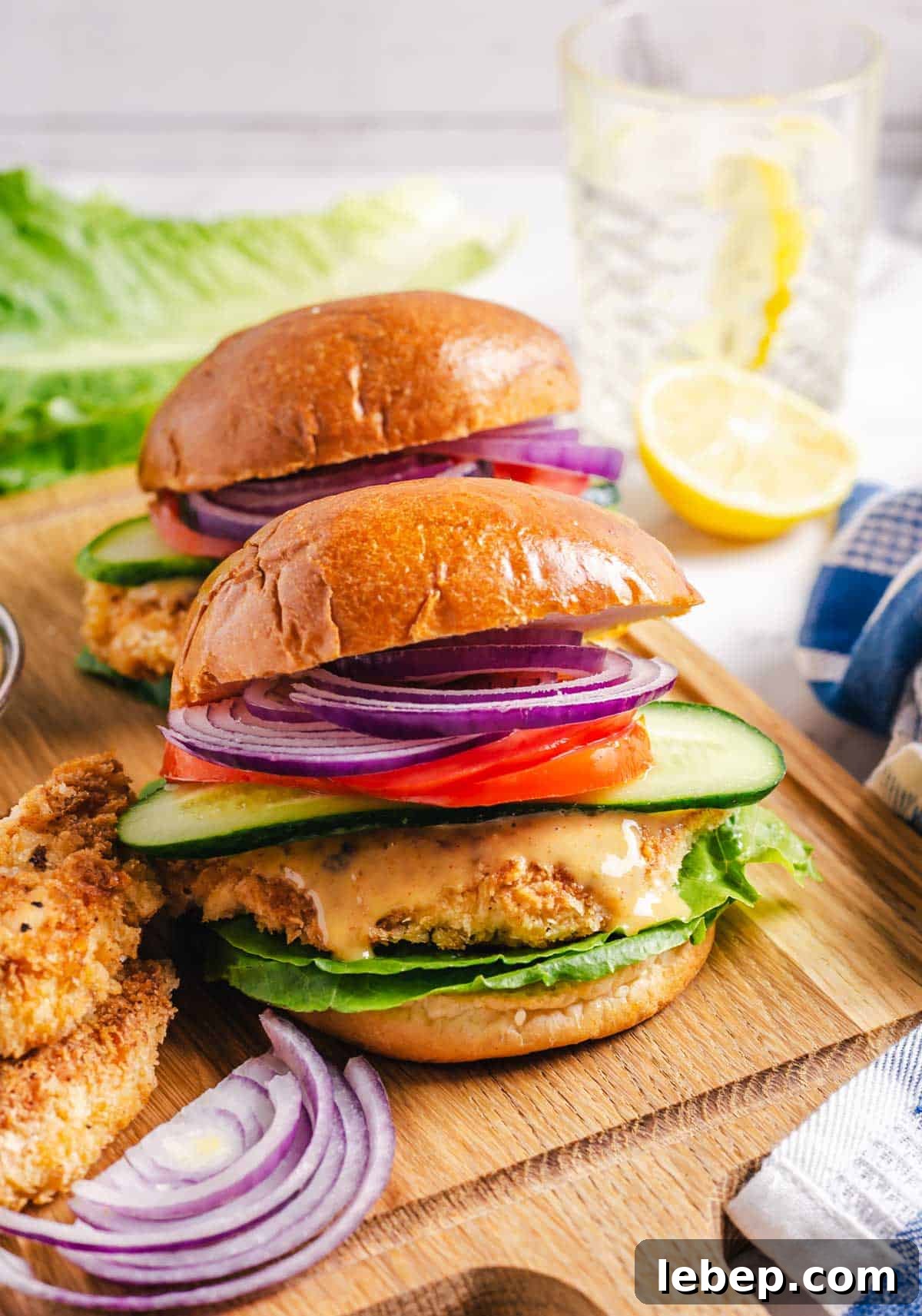 Crispy Fried Chicken Sandwich Recipe with Tangy Slaw 20 Two crispy chicken sandwich on a cutting board.