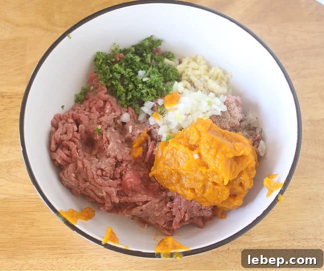 Ground beef, onion, garlic, and pumpkin in a large white bowl.