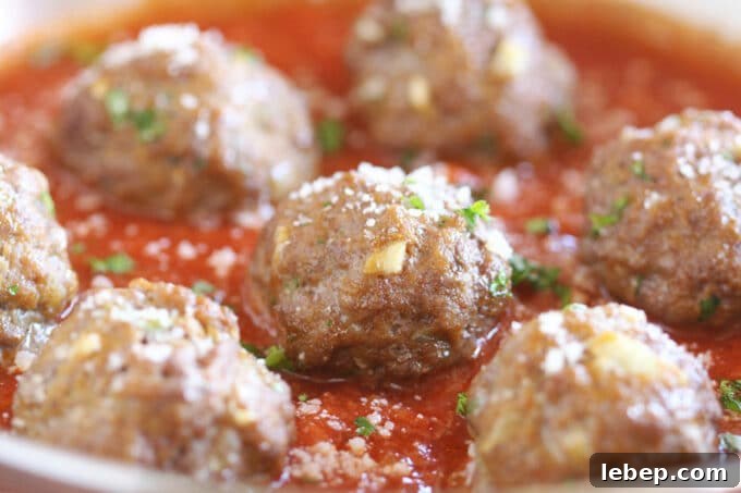 Close-up of meatball in marinara sauce.