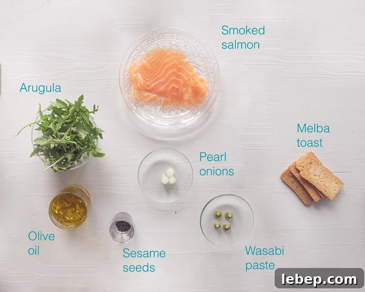 Salmon Amuse-Bouche with Arugula Oil Dressing 3 Ingredients Christmas amuse bouche salmon in arugula oil on a white background with text description