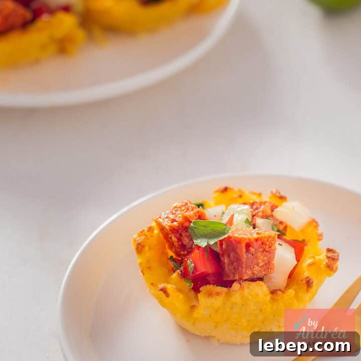 A square picture with a polenta cup filled with tomatoes.