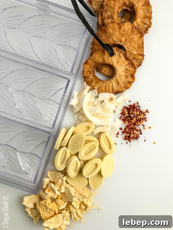 Spicy Pina Colada Dark Chocolate Bar with coconut rum-soaked dehydrated and freeze-dried pineapple, shaved coconut and Aleppo flakes on dark chocolate.