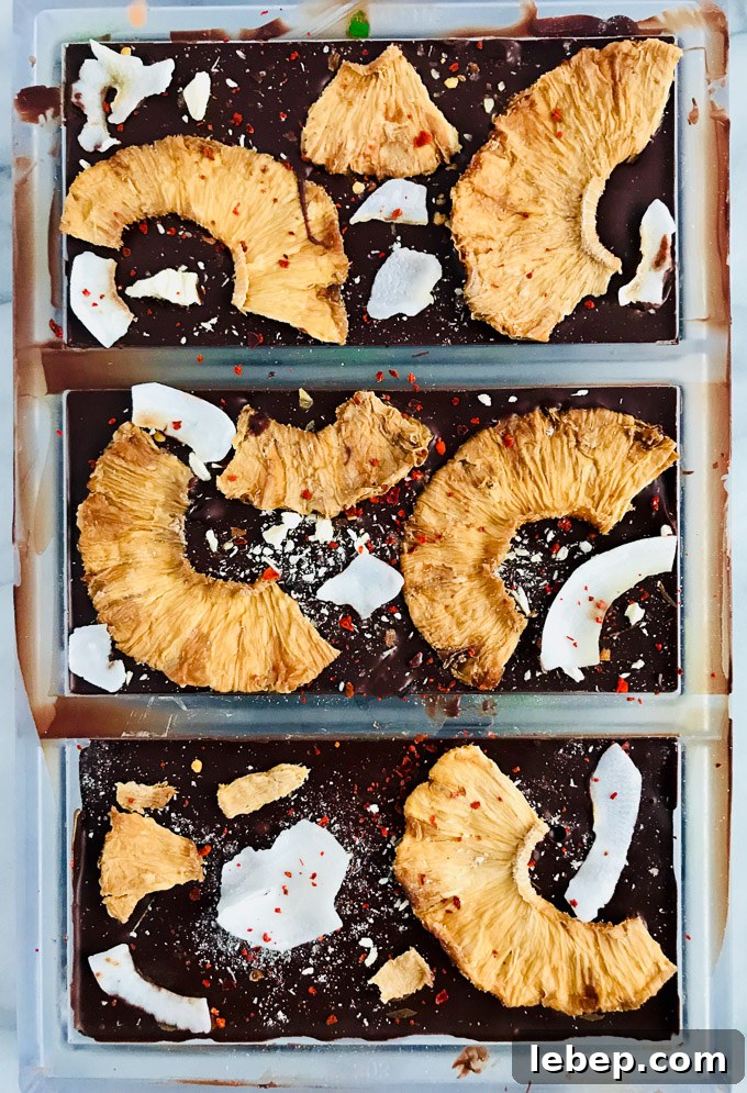 Spicy Pina Colada Dark Chocolate Bar with coconut rum-soaked dehydrated and freeze-dried pineapple, shaved coconut and Aleppo flakes on dark chocolate.