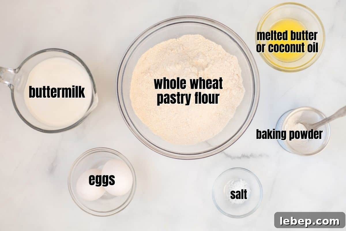 Pancakes with Wheat Flour Ingredients for whole wheat pancakes labled on counter.