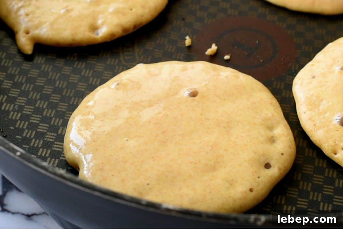 Easy Whole Wheat Pancake Recipe Whole Wheat Pancakes in skillet with tiny bubbles on surface.