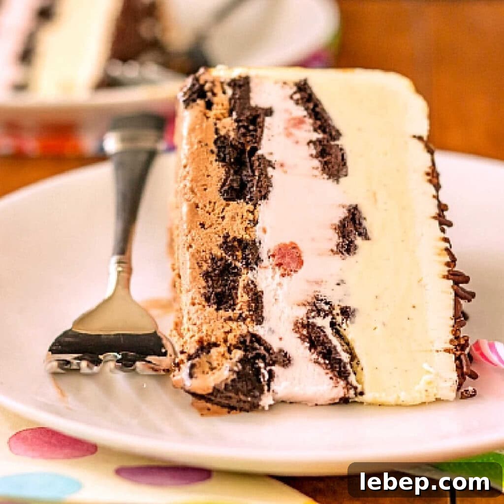 birthday ice cream cake A close up of a slice of birthday ice cream cake.