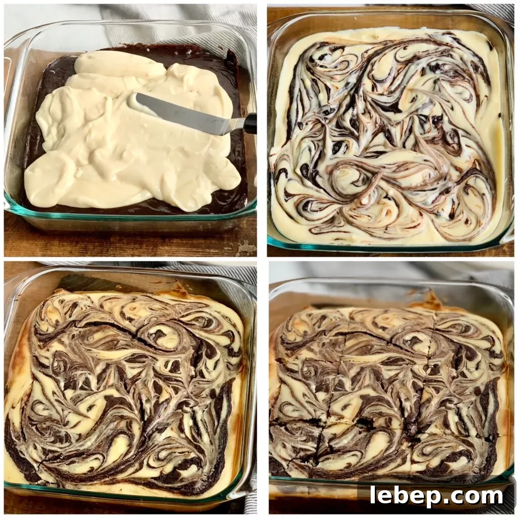 Decadent Cheesecake Swirl Brownies — Rich Chocolate & Cream Cheese 4 A collage of 4 pictures. The first is raw brownie batter in the bottom of a pan with white cream cheese mixture being spread over the top. The second pic is after someone took a knife and swirled the cream cheese and brownie batter together. The 3rd picture is after the marbled brownies have baked. And the 4th pic is after the cheesecake brownies have been cut.