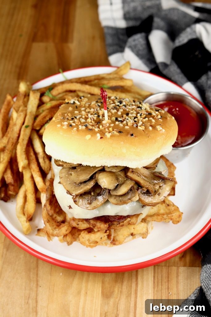 Burgers with mushrooms and Swiss Burgers with mushroom, Swiss & onion strings