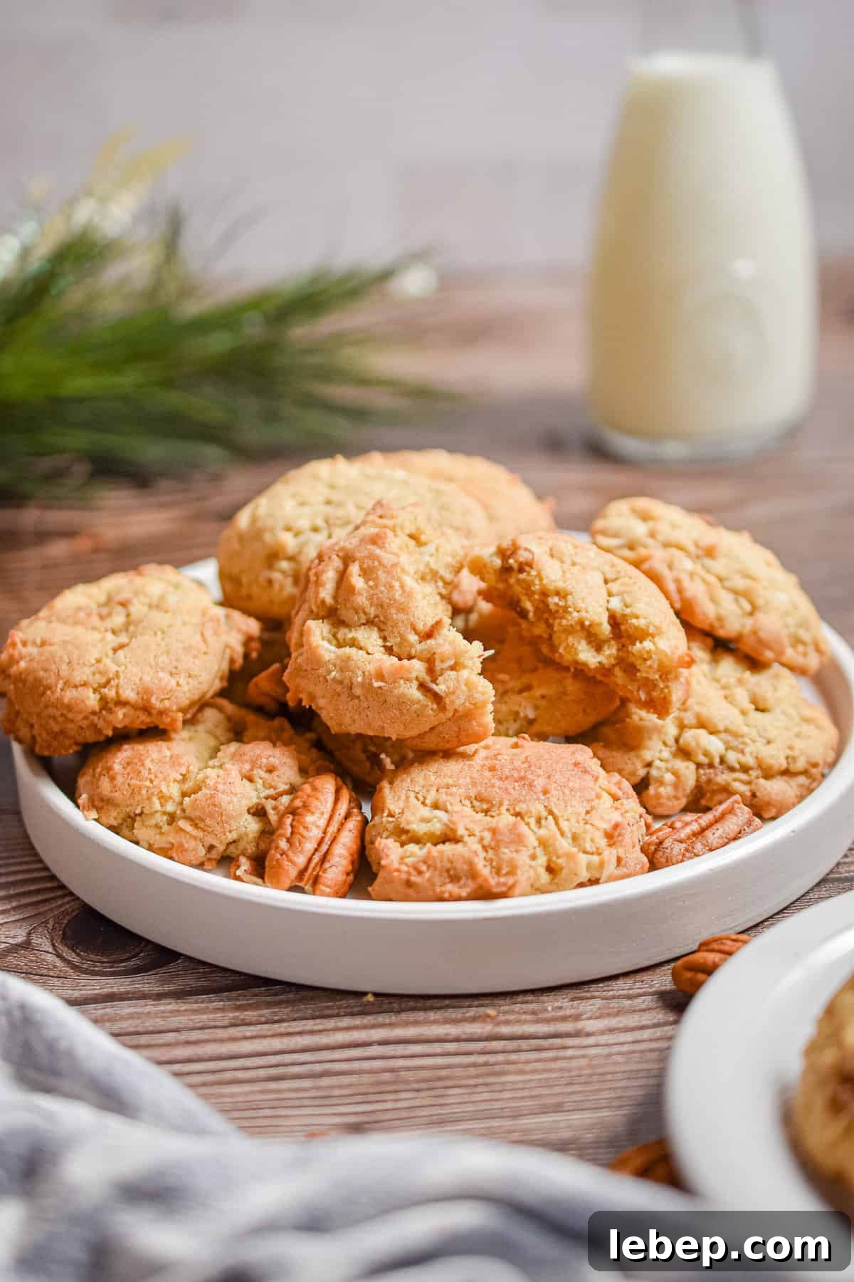 Chewy Coconut Pecan Cookies Recipe — Crispy Edges & Gooey Center 11 A cookie is broken in half and places on the plate of cookies.