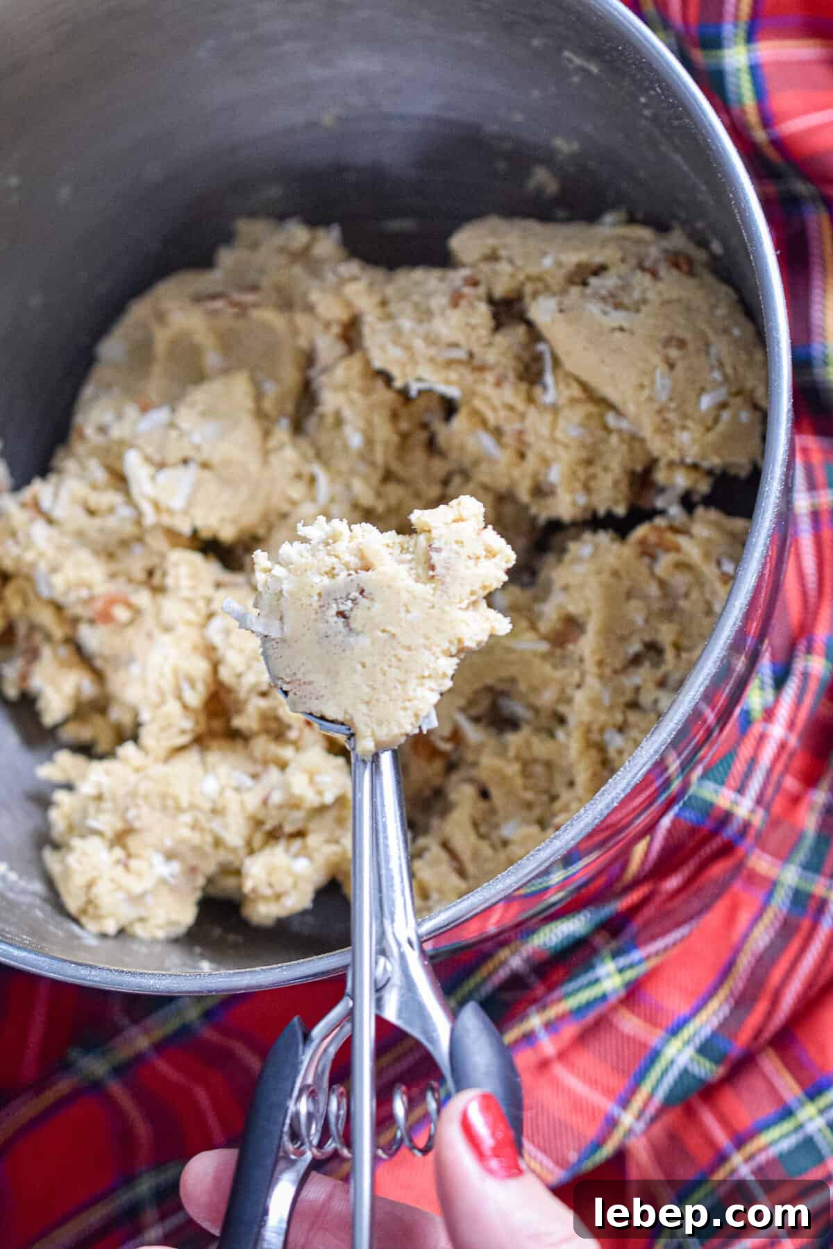 Chewy Coconut Pecan Cookies Recipe — Crispy Edges & Gooey Center 8 The dough is scooped with a cookie scoop.