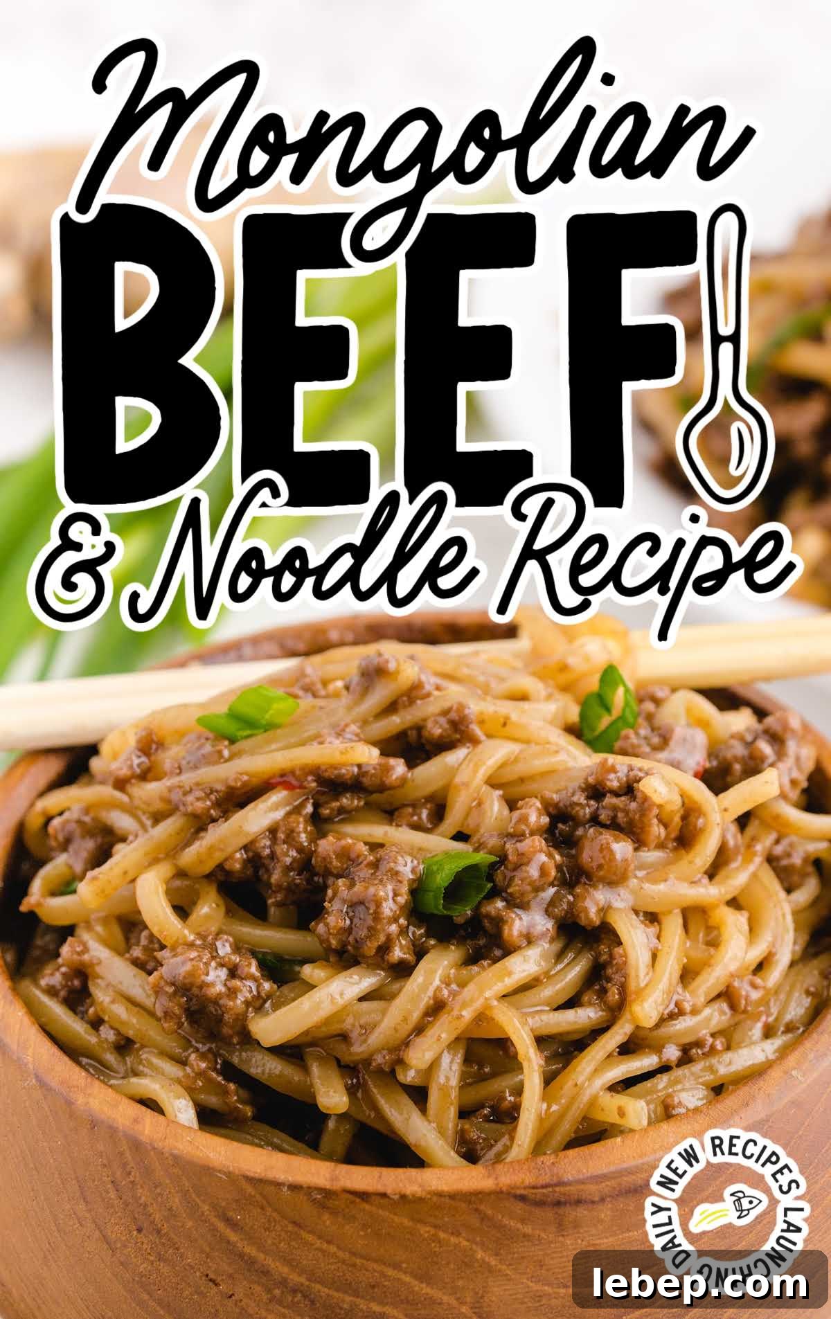 close up shot of a bowl of Mongolian Beef and Noodle Recipe garnished with green onions