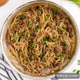 close up overhead shot of a skillet of Mongolian Beef and Noodle Recipe garnished with green onions
