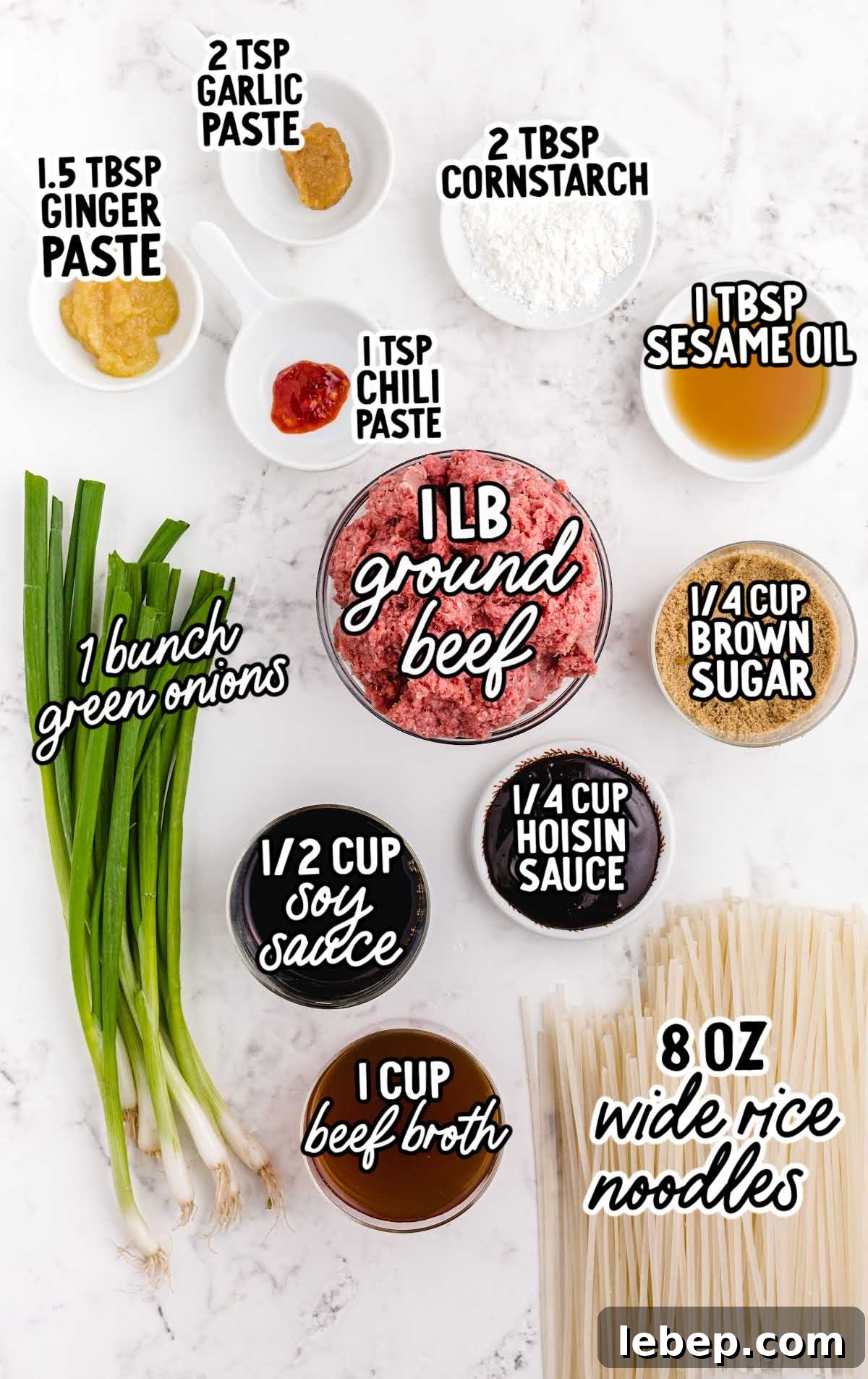 Mongolian Beef and Noodle Recipe raw ingredients that are labeled
