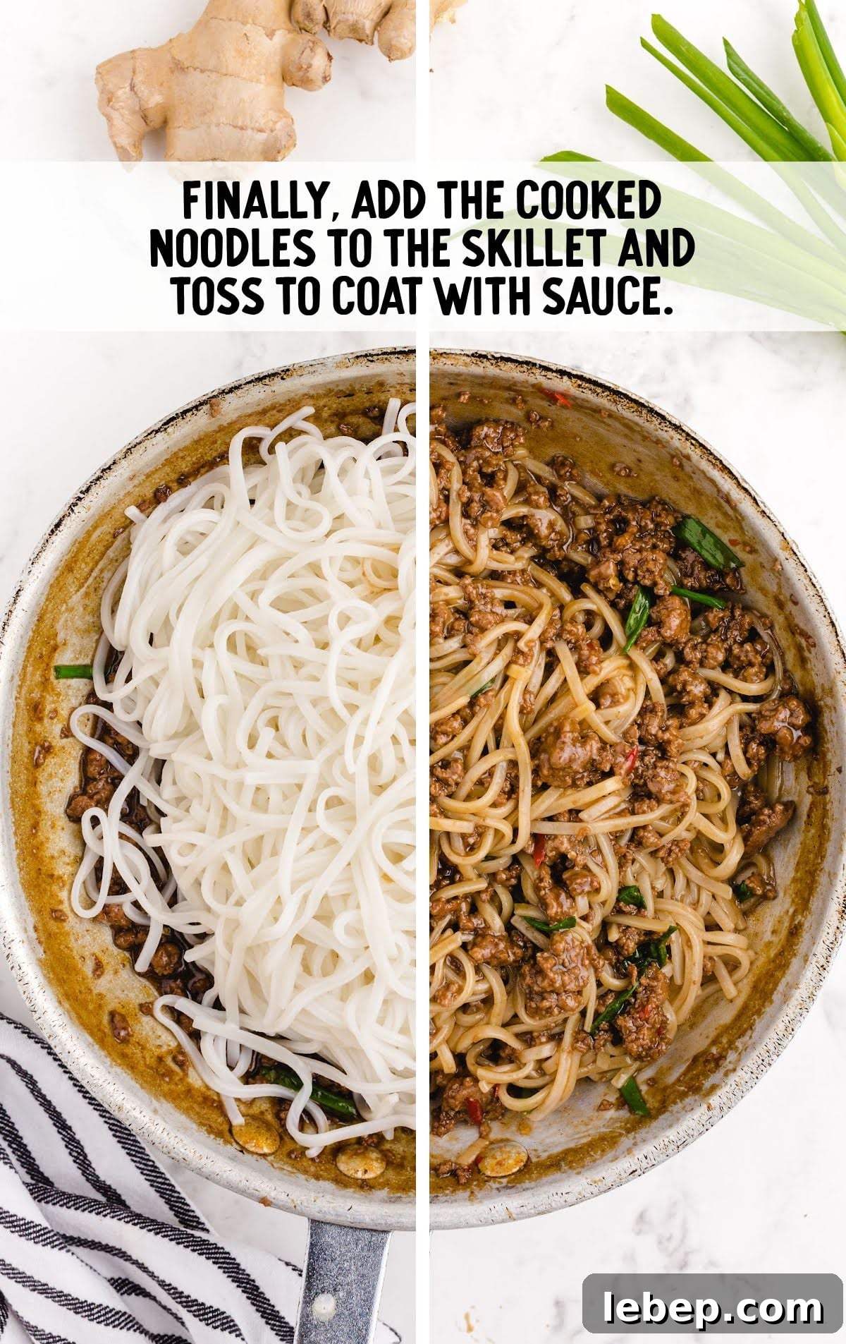pasta added to the skillet