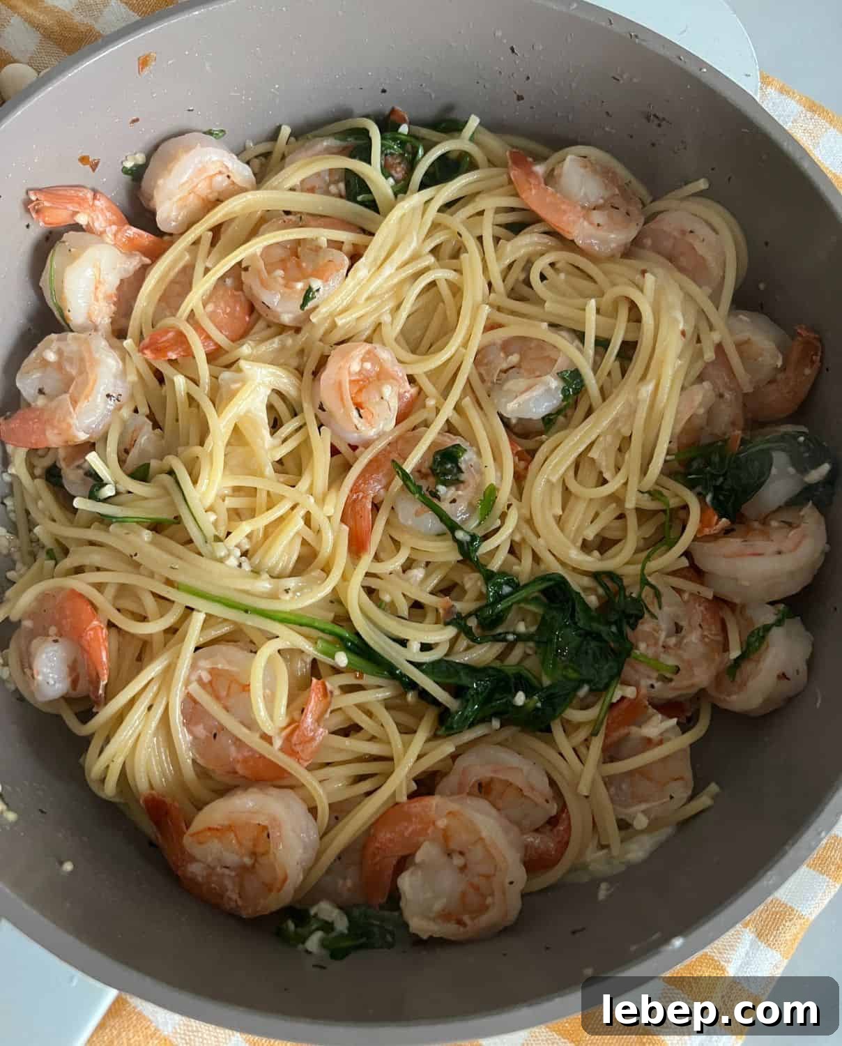 One-Pot Lemon Garlic Shrimp Pasta Recipe 7 Shrimp and pasta in a skillet.