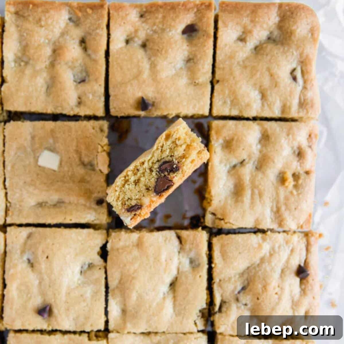 center view of peanut butter blondies with chocolate chips