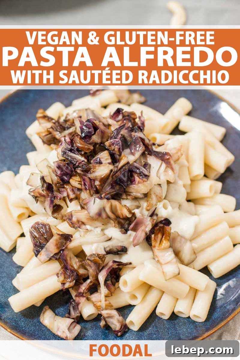 Vegan Gluten-Free Alfredo Pasta with Sautéed Radicchio 2 A close up of a pasta alfredo dish made with gluten-free noodles and a vegan cashew cream sauce.