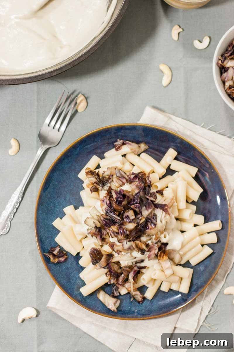 Vegan Gluten-Free Alfredo Pasta with Sautéed Radicchio 3 Top down view of a vegan gluten-free pasta dish made with cashew cream alfredo sauce and topped with sauteed radicchio.