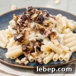 A close up of a ceramic blue plate full of a vegan pasta Alfredo sauce made with gluten-free noodles and a dairy-free cashew cream sauce and topped with sauteed radicchio.