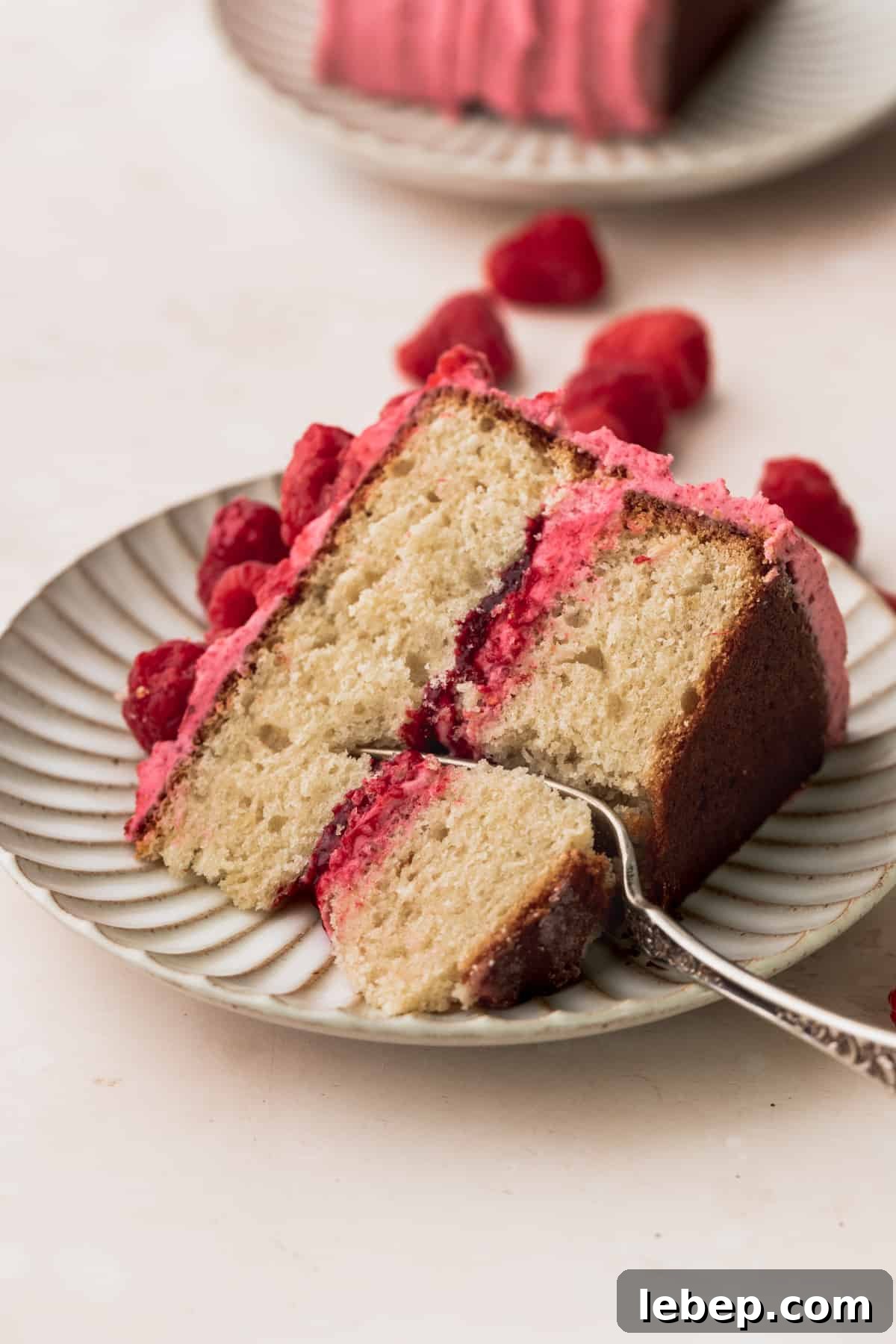 One slice of vanilla raspberry cake on a plate.