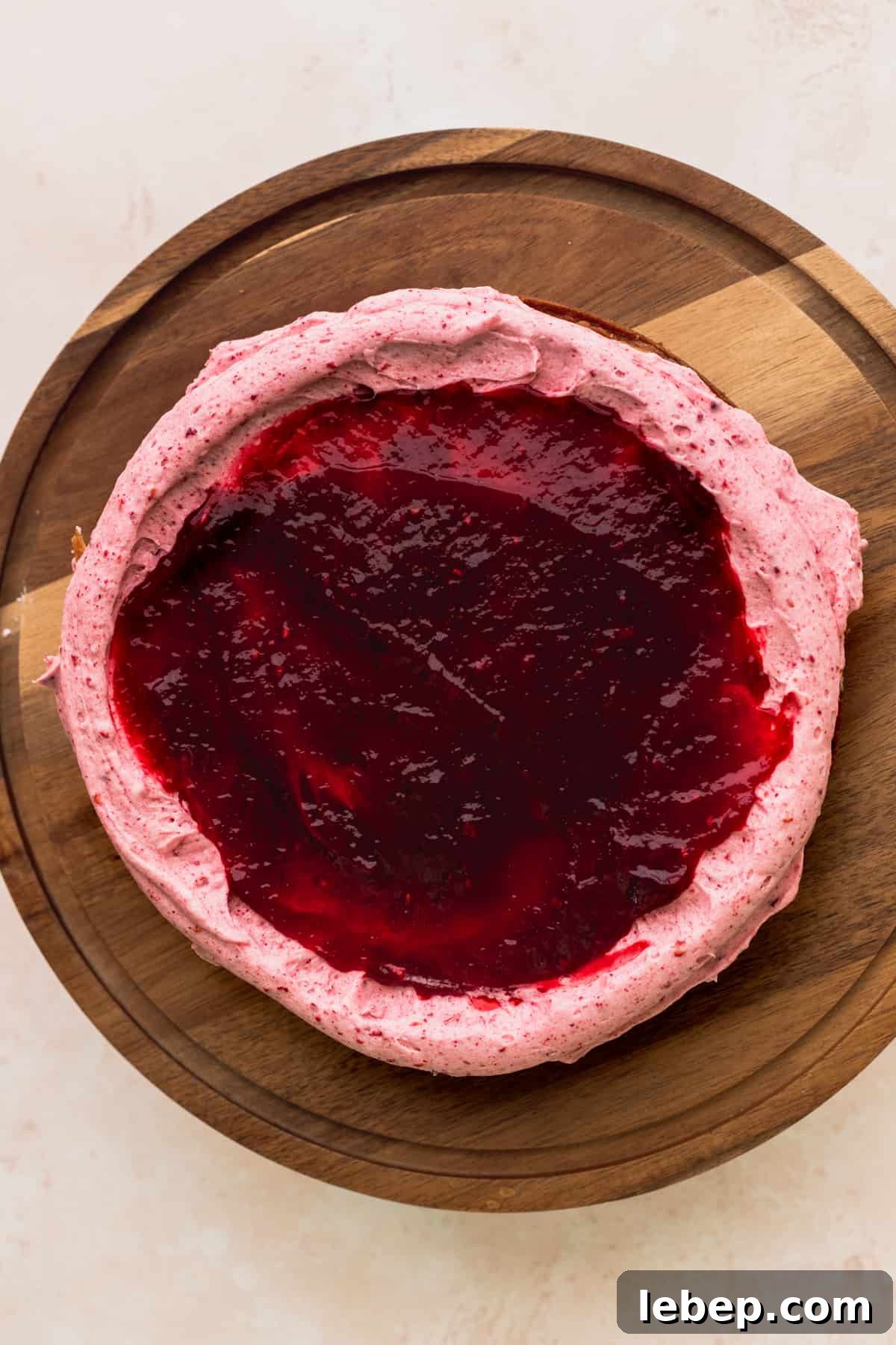 Raspberry jam as the filling on the cake.