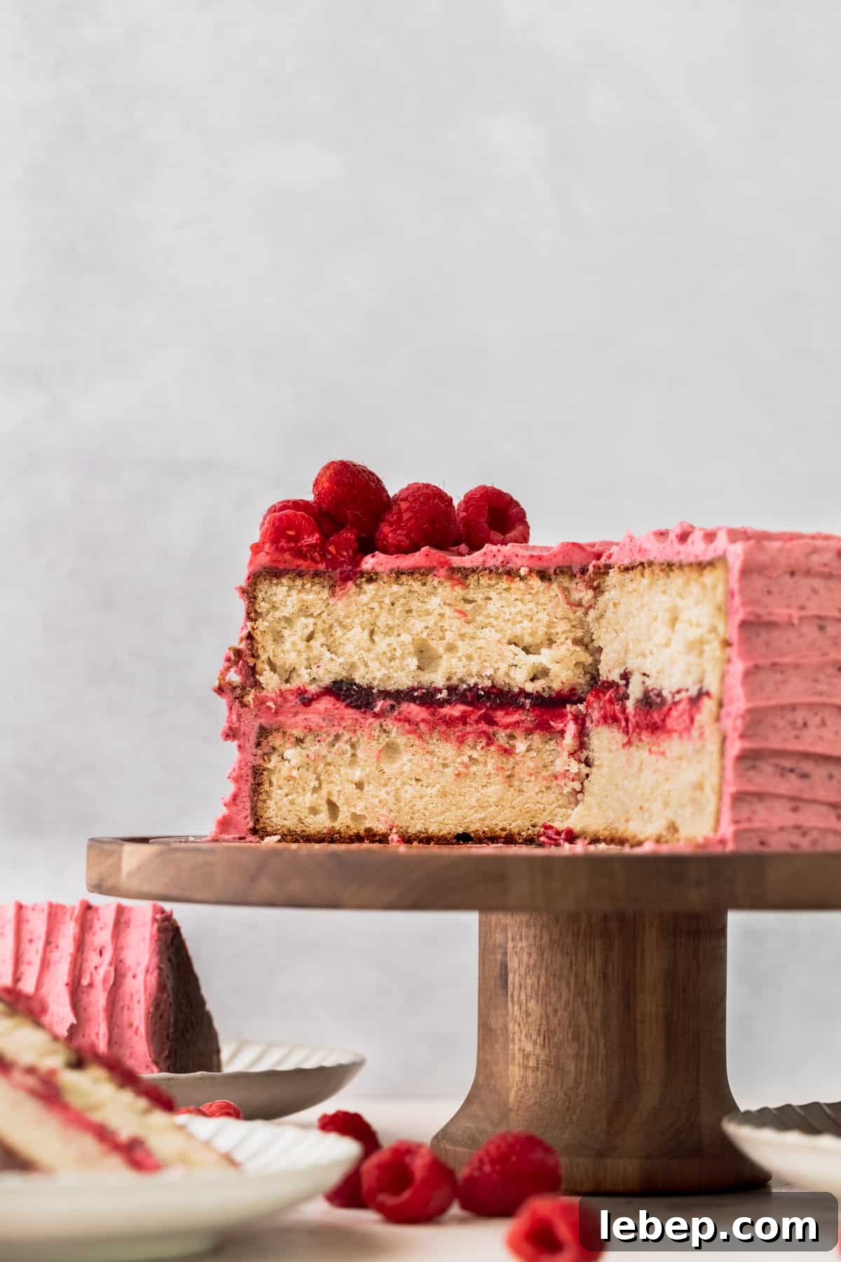 Side view of cake on a cake stand.