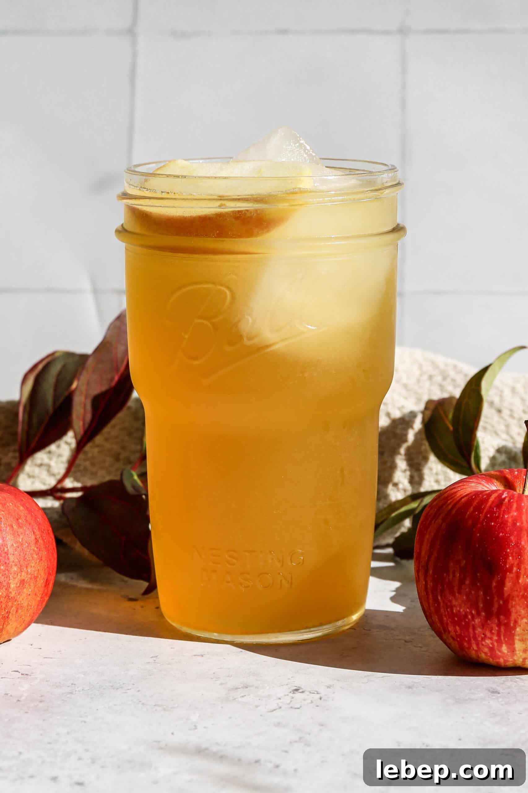 Spiced Apple Fizz Mocktail Recipe — Seasonal Nonalcoholic Drink 2 a glass jar of cold non alcoholic spiced apple fizz drink next to fresh apples.