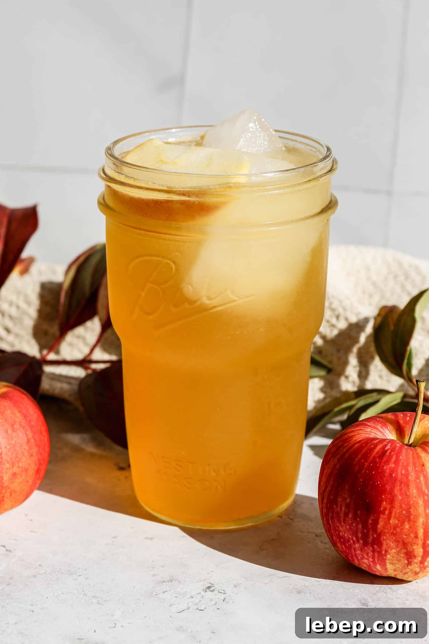 Spiced Apple Fizz Mocktail Recipe — Seasonal Nonalcoholic Drink 3 a glass of non alcoholic spiced apple fizz drink next to fresh apples.