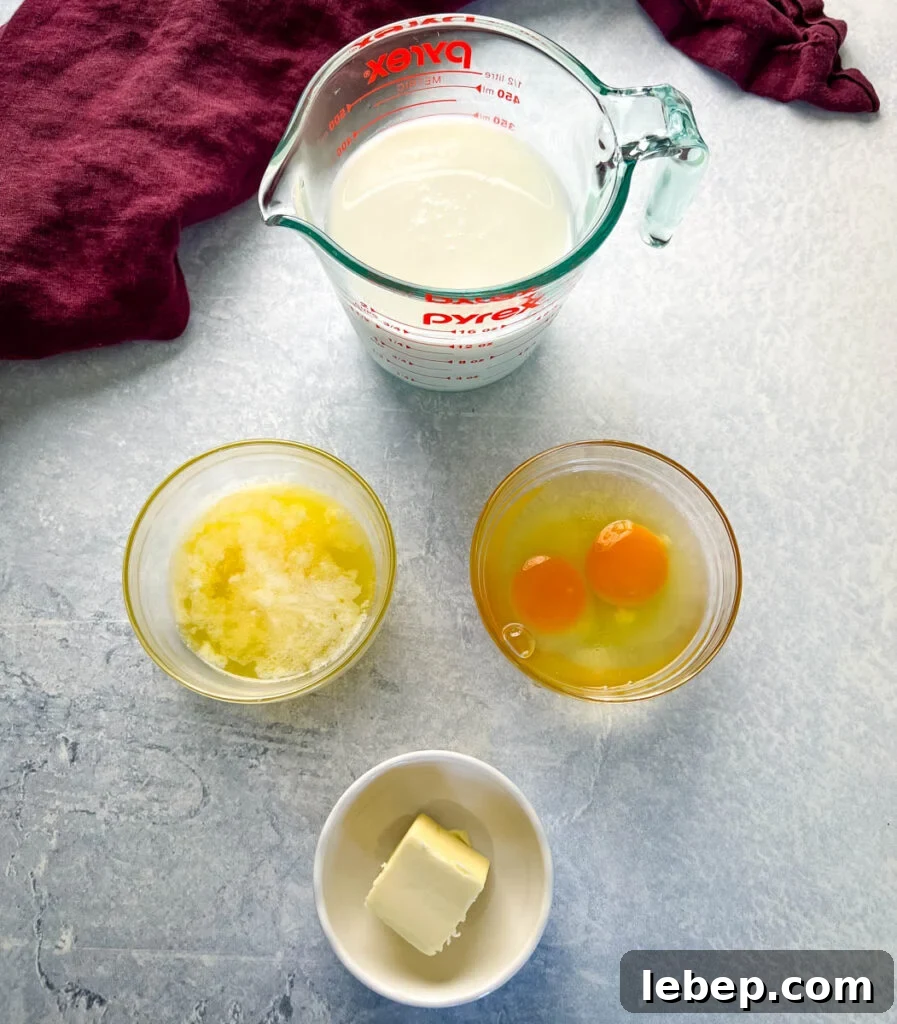 buttermilk, egg, and butter in separate bowls