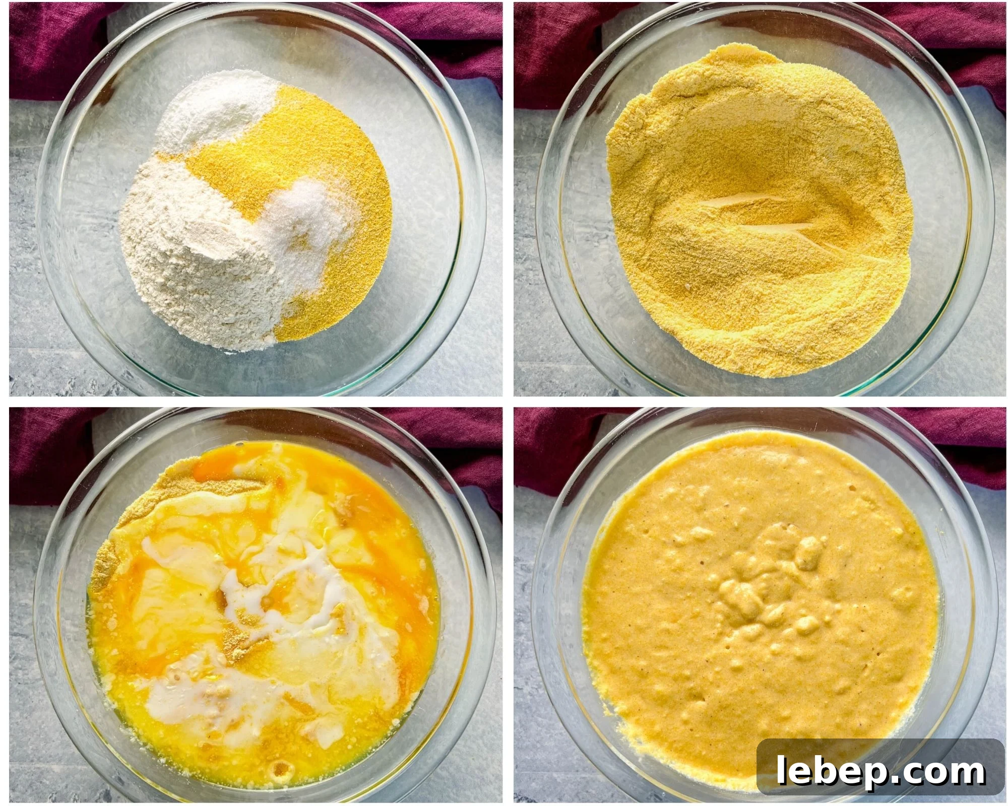 collage photos of a greased wedge pan skillet, cornmeal in a mixing bowl, and cornbread batter in a mixing bowl