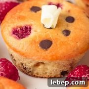 raspberry chocolate chip muffins with chips & scattered berries.