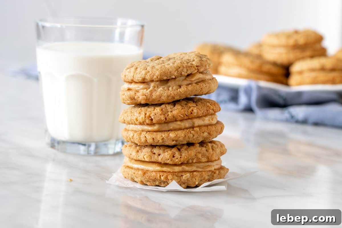 Stack of 3 peanut butter oatmeal sandwich cookies