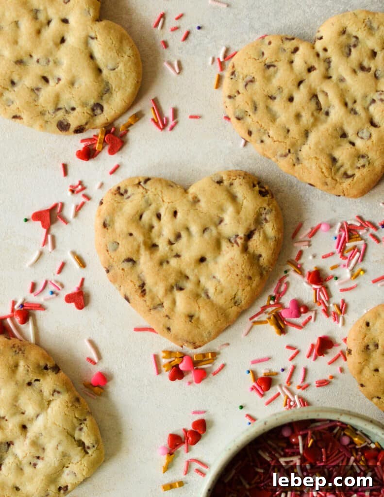 Heart-Shaped Chocolate Chip Cookies Recipe for Valentine Treats 2 heart cookies surrounded by valentines sprinkles