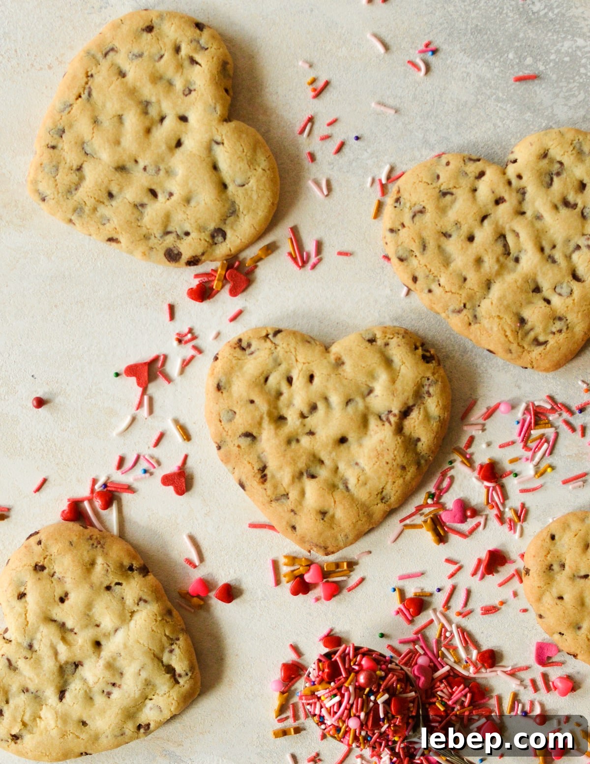 Heart-Shaped Chocolate Chip Cookies Recipe for Valentine Treats 11 heart cookies on counter with sprinkles