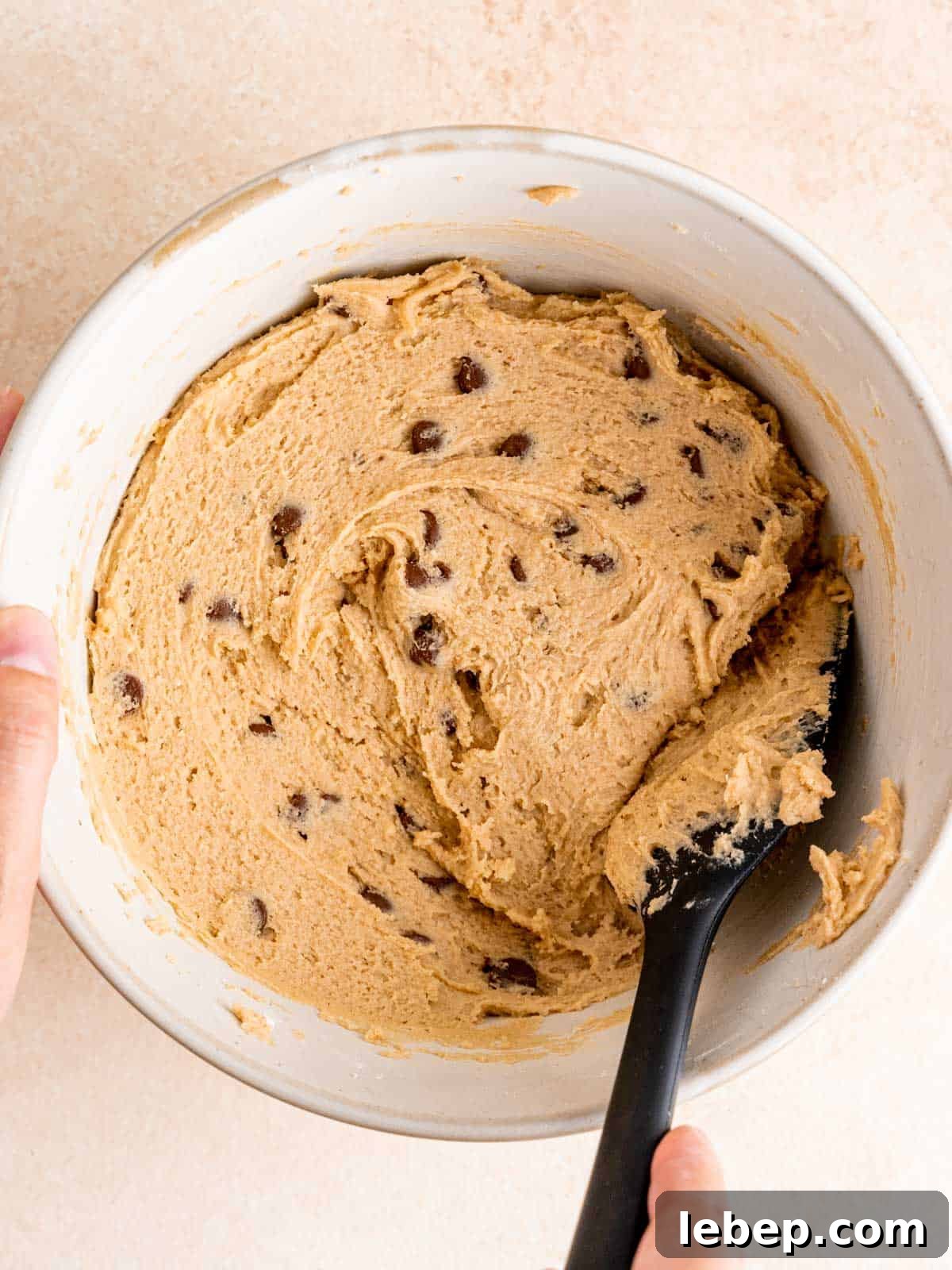 Chewy Malted Milk Chocolate Chip Cookie Recipe 5 Malted milk chocolate chip cookie dough in a bowl.